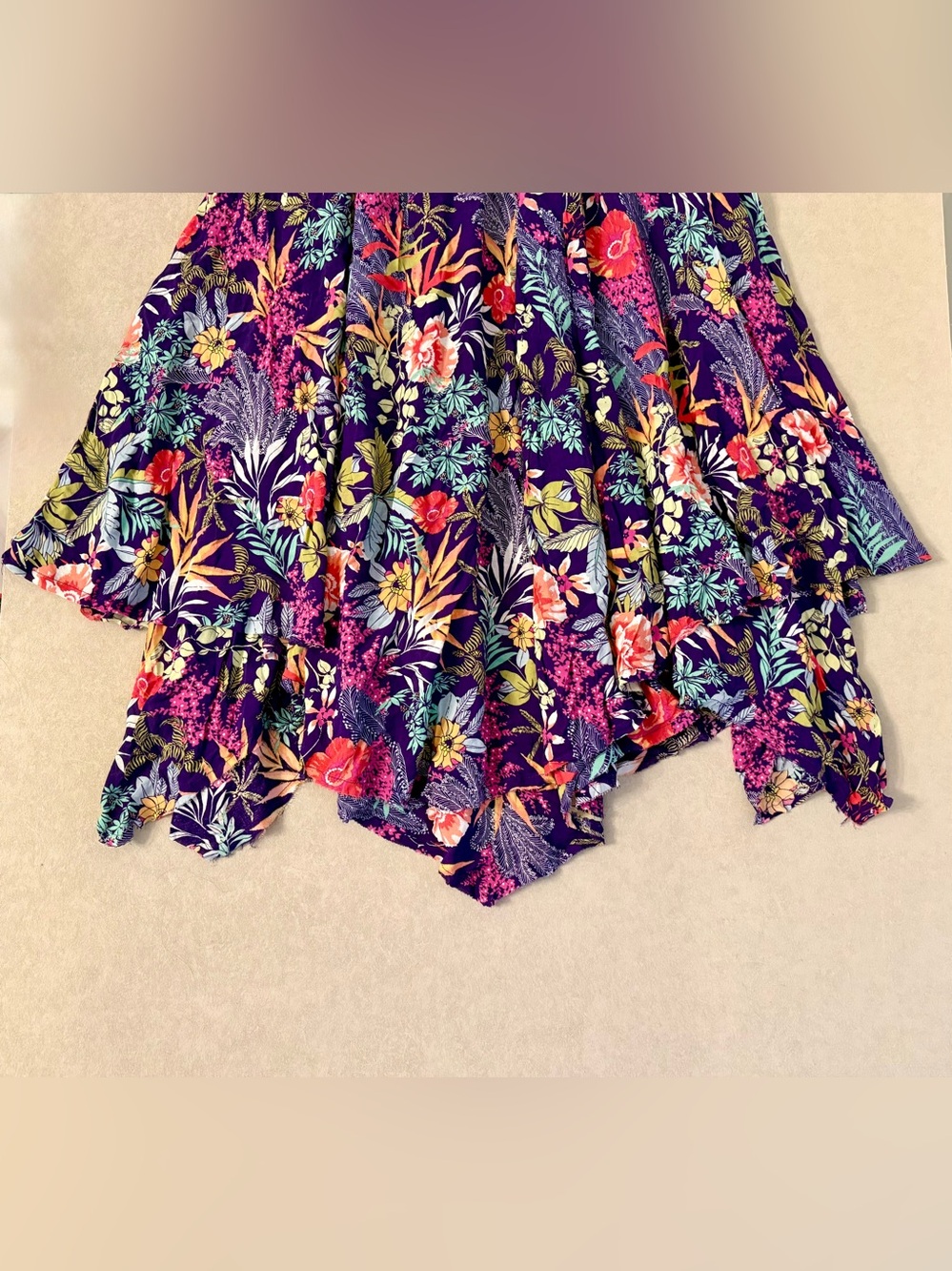 Free People Purple Floral Handkerchief Hem Smocked Asymmetrical Cotton Skirt M - Picture 11 of 17